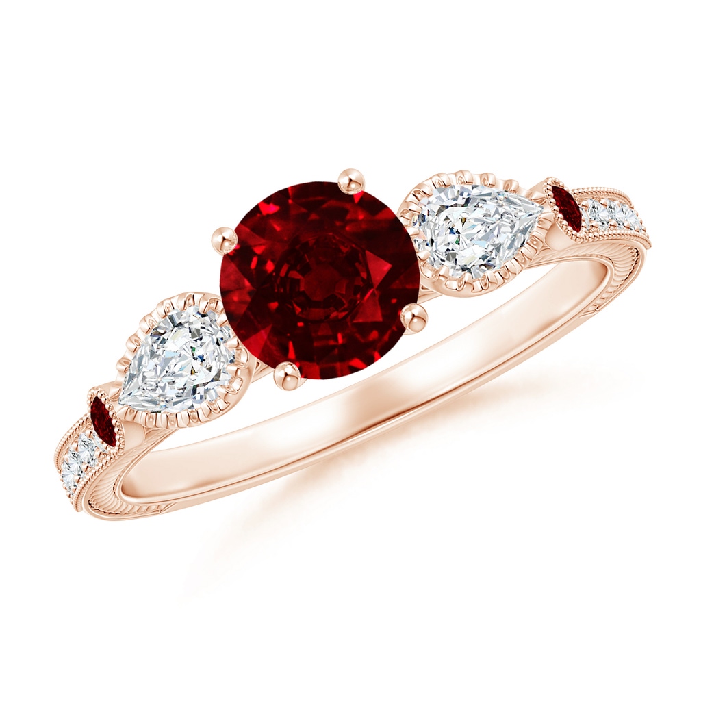 6mm AAAA Aeon Vintage Style Ruby and Diamond Three Stone Engagement Ring with Milgrain in Rose Gold