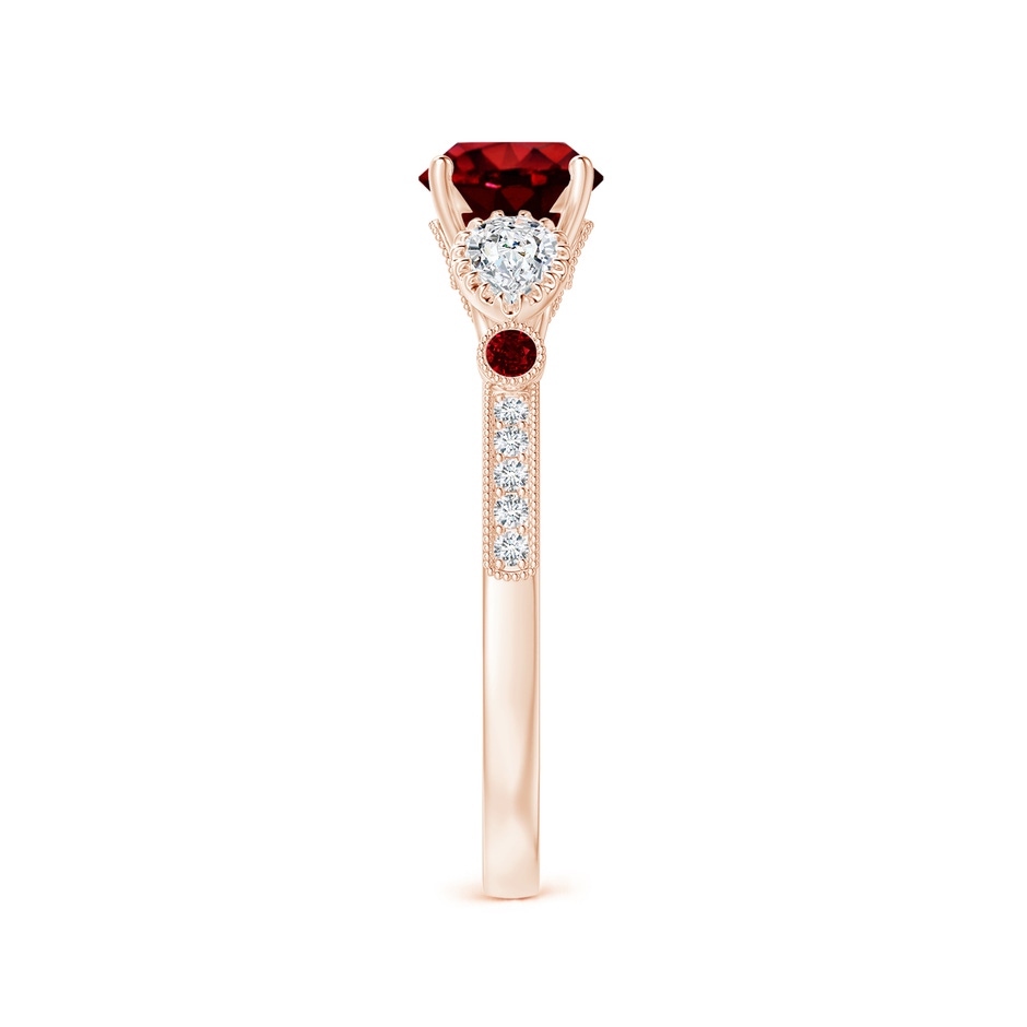 6mm AAAA Aeon Vintage Style Ruby and Diamond Three Stone Engagement Ring with Milgrain in Rose Gold side-2