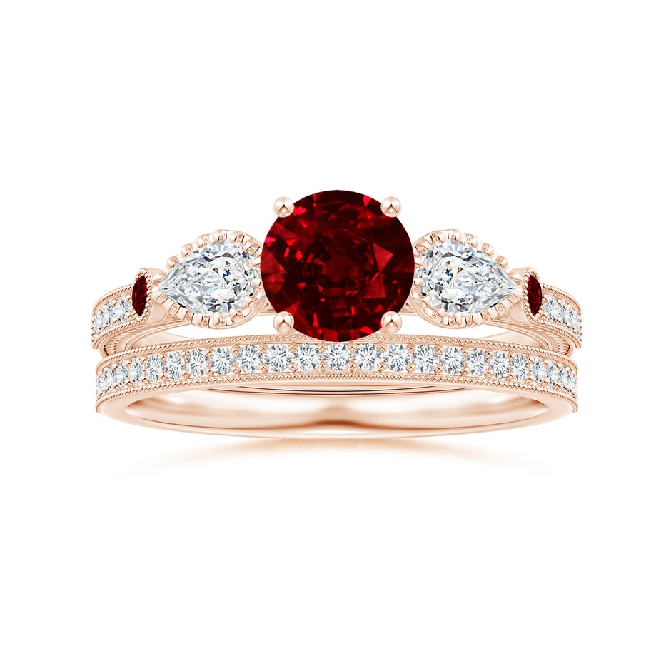 6mm AAAA Aeon Vintage Style Ruby and Diamond Three Stone Engagement Ring with Milgrain in Rose Gold side-3