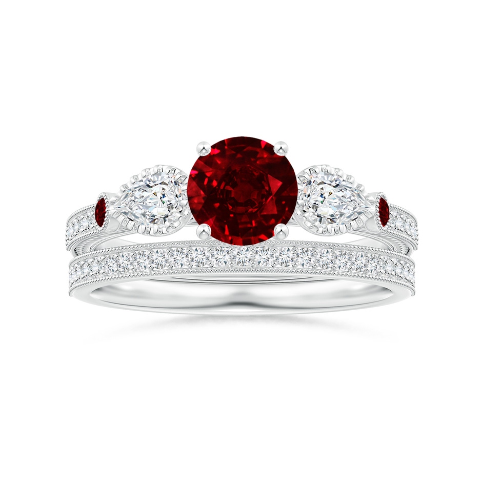 6mm AAAA Aeon Vintage Style Ruby and Diamond Three Stone Engagement Ring with Milgrain in White Gold side-3