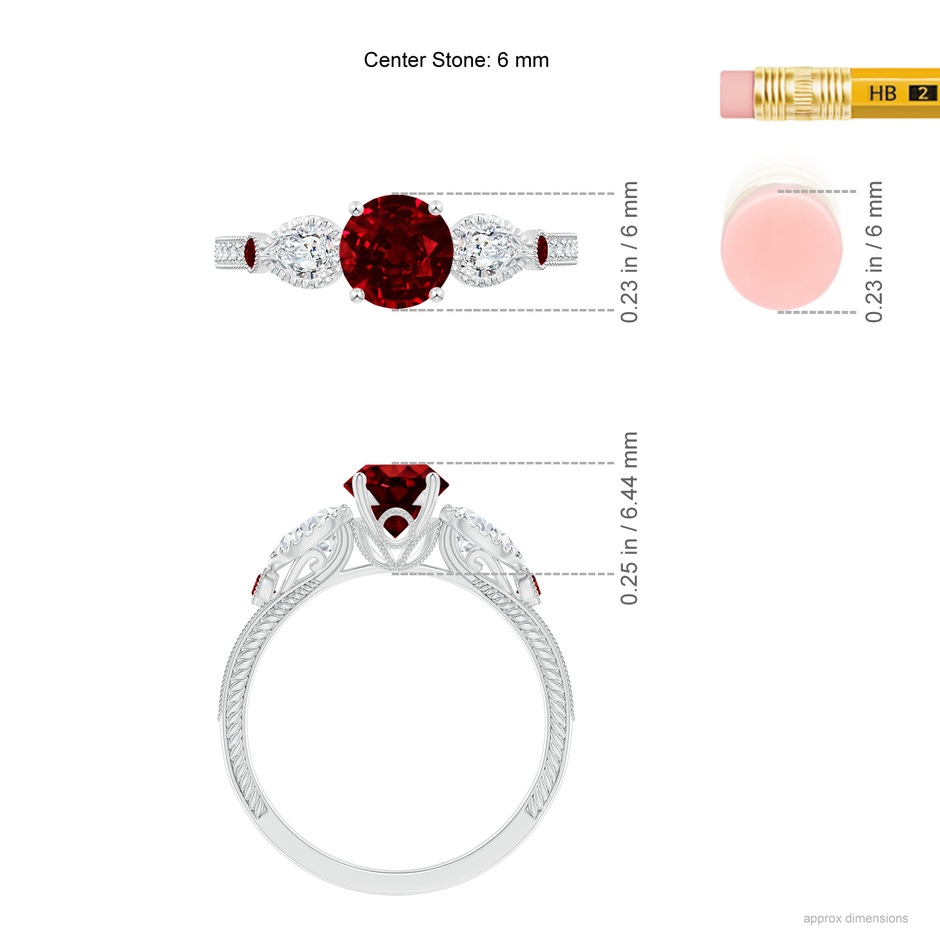 6mm AAAA Aeon Vintage Style Ruby and Diamond Three Stone Engagement Ring with Milgrain in White Gold ruler