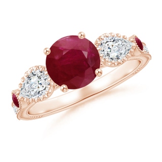 7mm A Aeon Vintage Style Ruby and Diamond Three Stone Engagement Ring with Milgrain in Rose Gold