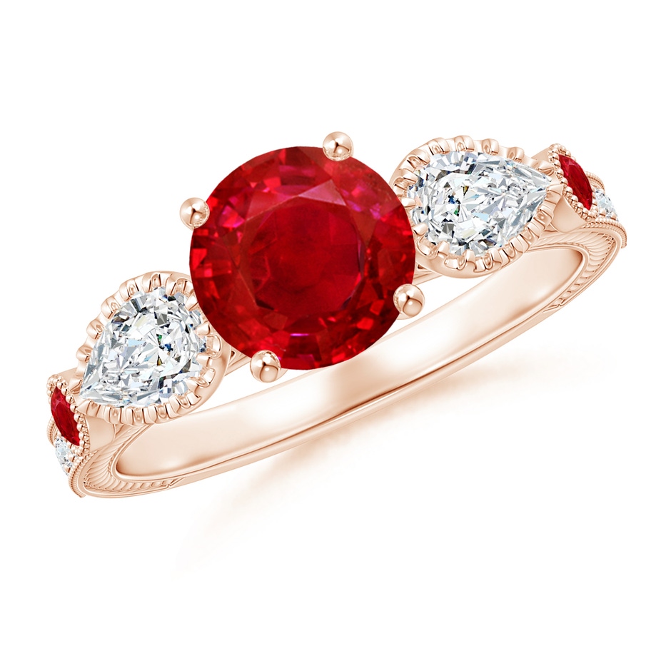 7mm AAA Aeon Vintage Style Ruby and Diamond Three Stone Engagement Ring with Milgrain in Rose Gold 