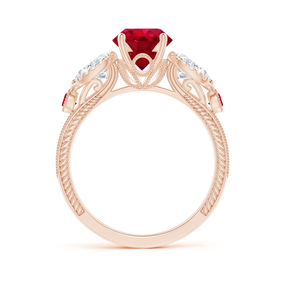 7mm AAA Aeon Vintage Style Ruby and Diamond Three Stone Engagement Ring with Milgrain in Rose Gold side-1