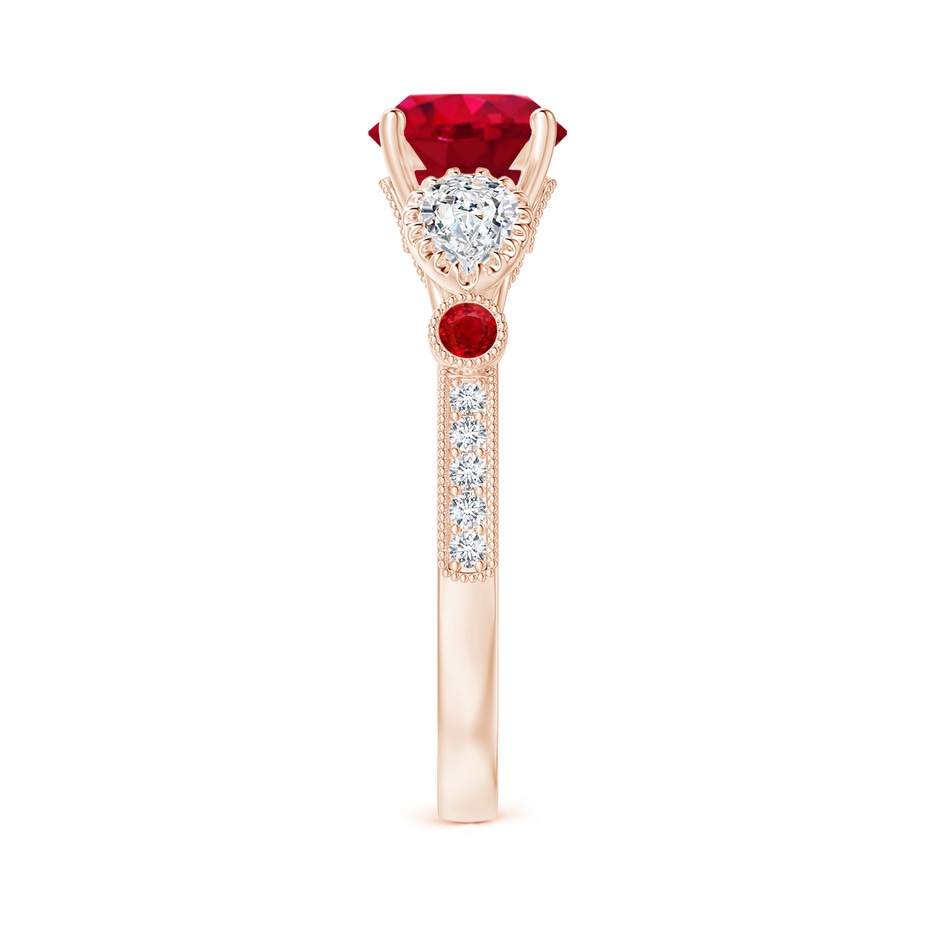 7mm AAA Aeon Vintage Style Ruby and Diamond Three Stone Engagement Ring with Milgrain in Rose Gold side-2