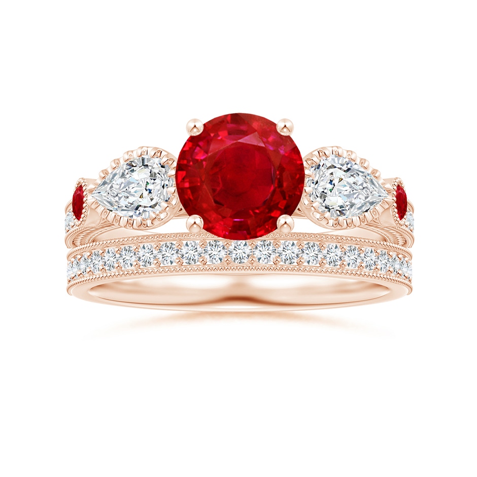 7mm AAA Aeon Vintage Style Ruby and Diamond Three Stone Engagement Ring with Milgrain in Rose Gold side-3