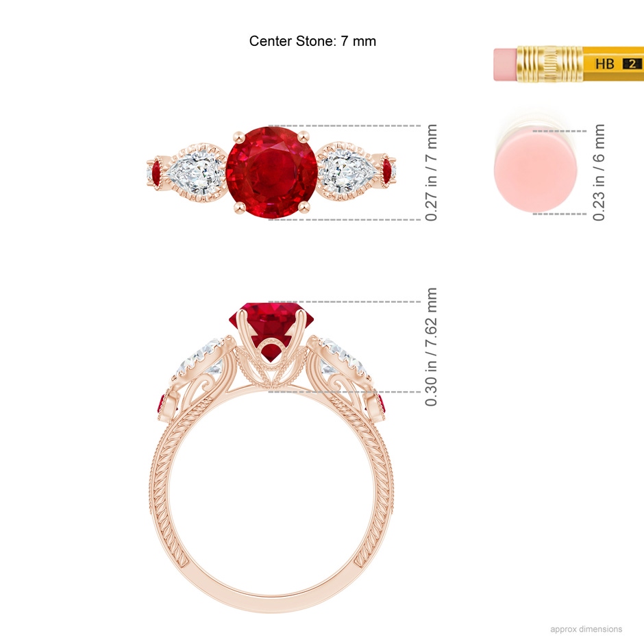 7mm AAA Aeon Vintage Style Ruby and Diamond Three Stone Engagement Ring with Milgrain in Rose Gold ruler