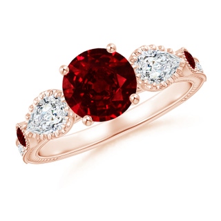 7mm AAAA Aeon Vintage Style Ruby and Diamond Three Stone Engagement Ring with Milgrain in 18K Rose Gold