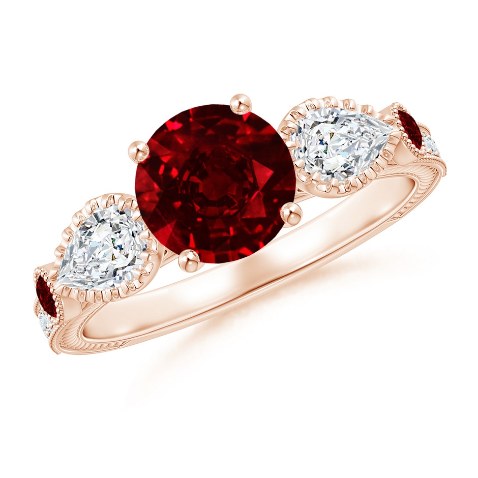 7mm AAAA Aeon Vintage Style Ruby and Diamond Three Stone Engagement Ring with Milgrain in Rose Gold 