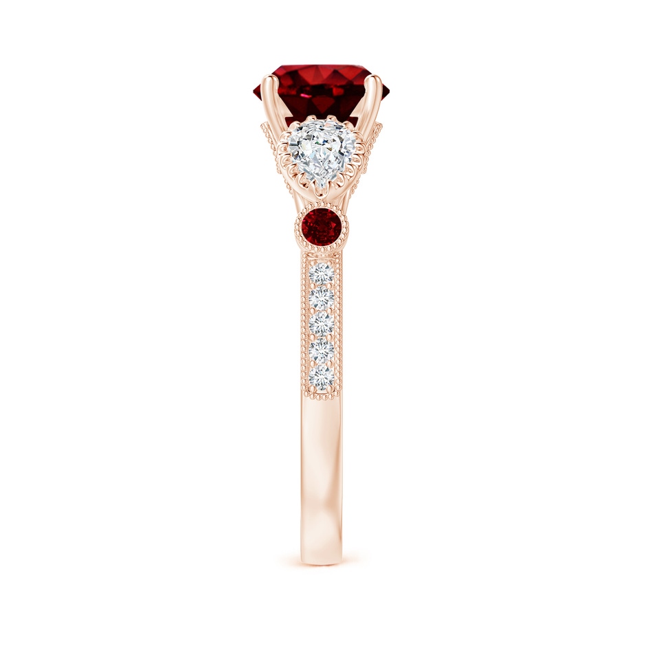 7mm AAAA Aeon Vintage Style Ruby and Diamond Three Stone Engagement Ring with Milgrain in Rose Gold side-2