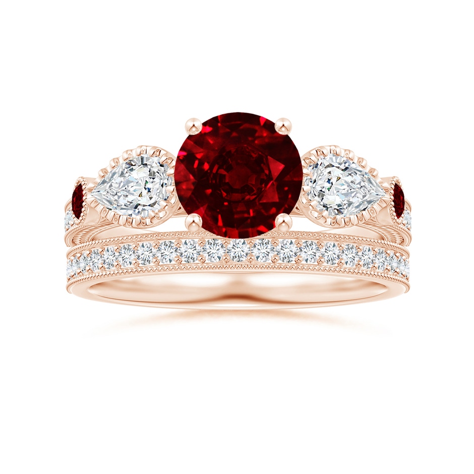 7mm AAAA Aeon Vintage Style Ruby and Diamond Three Stone Engagement Ring with Milgrain in Rose Gold side-3