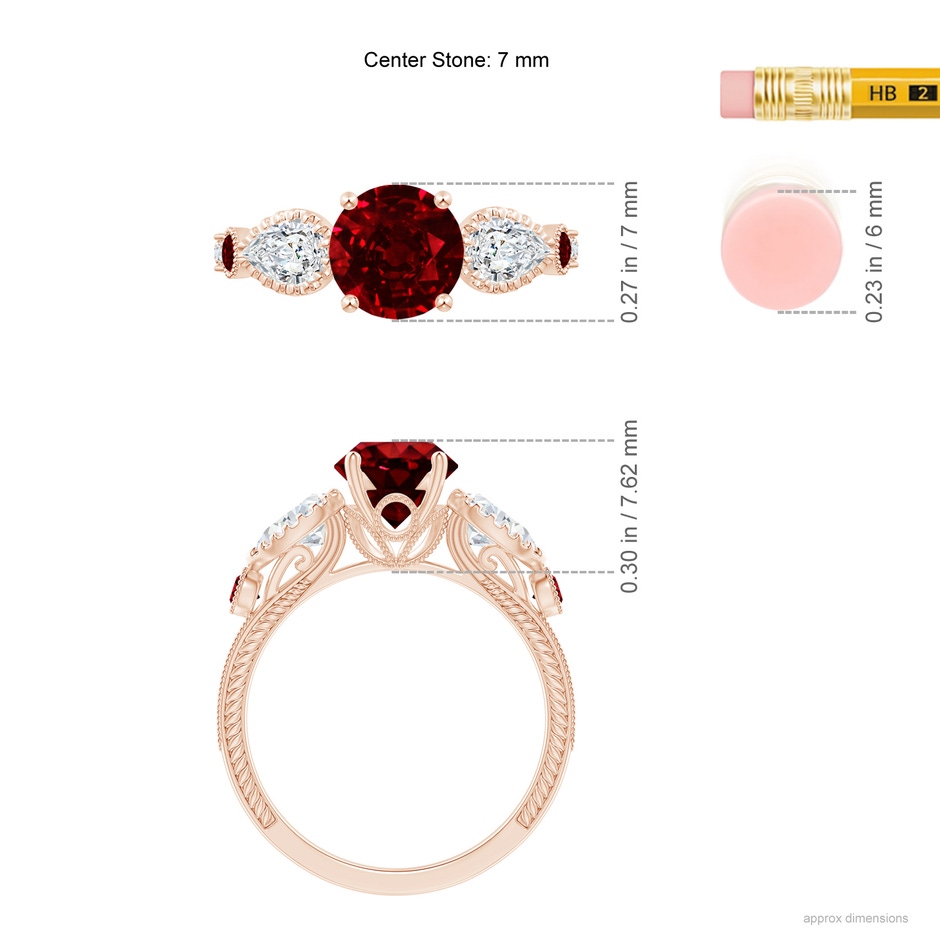 7mm AAAA Aeon Vintage Style Ruby and Diamond Three Stone Engagement Ring with Milgrain in Rose Gold ruler