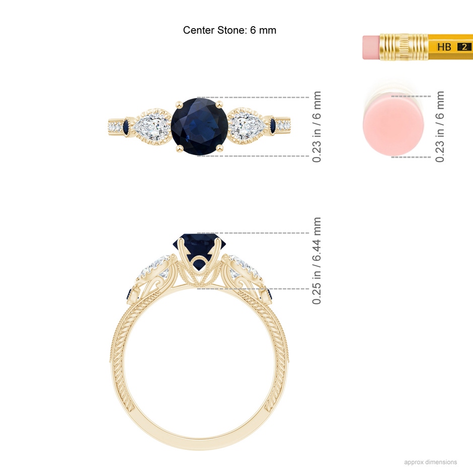 6mm A Aeon Vintage Style Sapphire and Diamond Three Stone Engagement Ring with Milgrain in Yellow Gold ruler