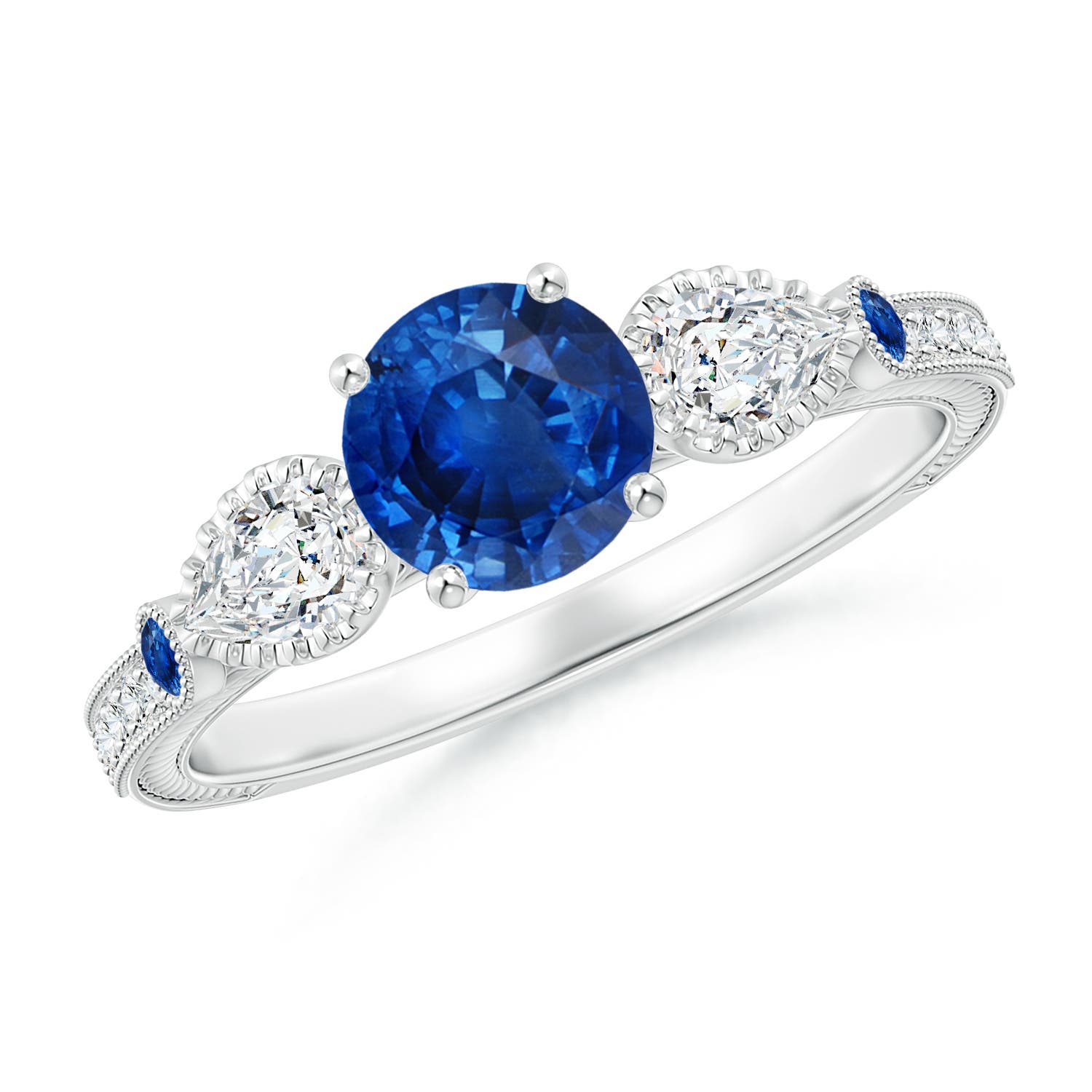6mm AAA Aeon Vintage Style Sapphire and Diamond Three Stone Engagement Ring with Milgrain in 18CT White Gold