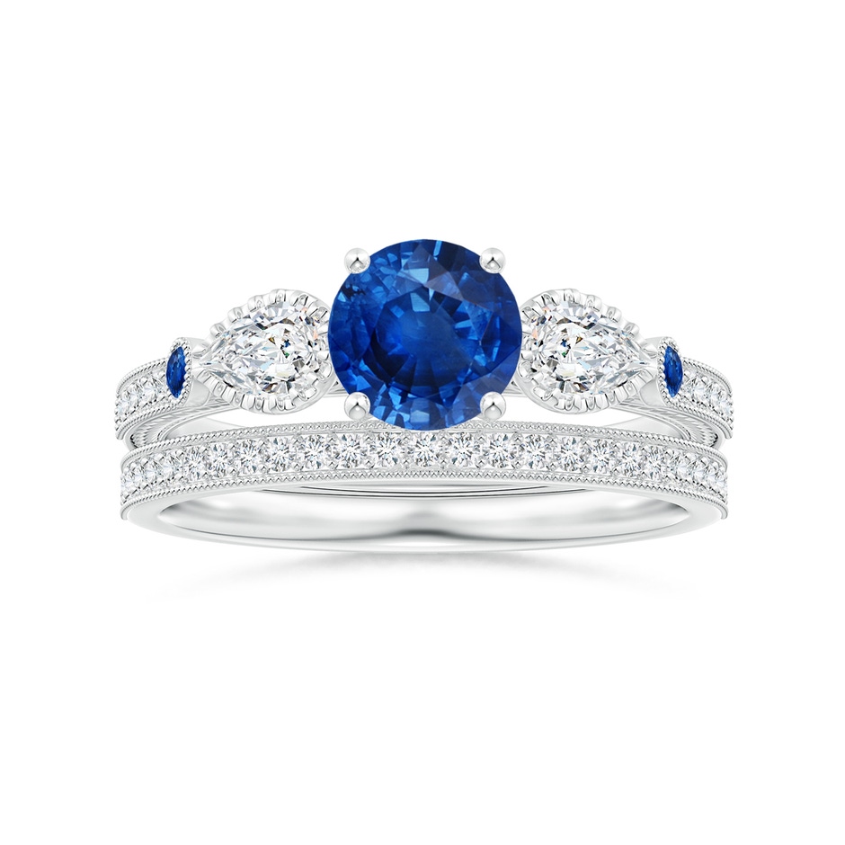 6mm AAA Aeon Vintage Style Sapphire and Diamond Three Stone Engagement Ring with Milgrain in 18K White Gold side-3