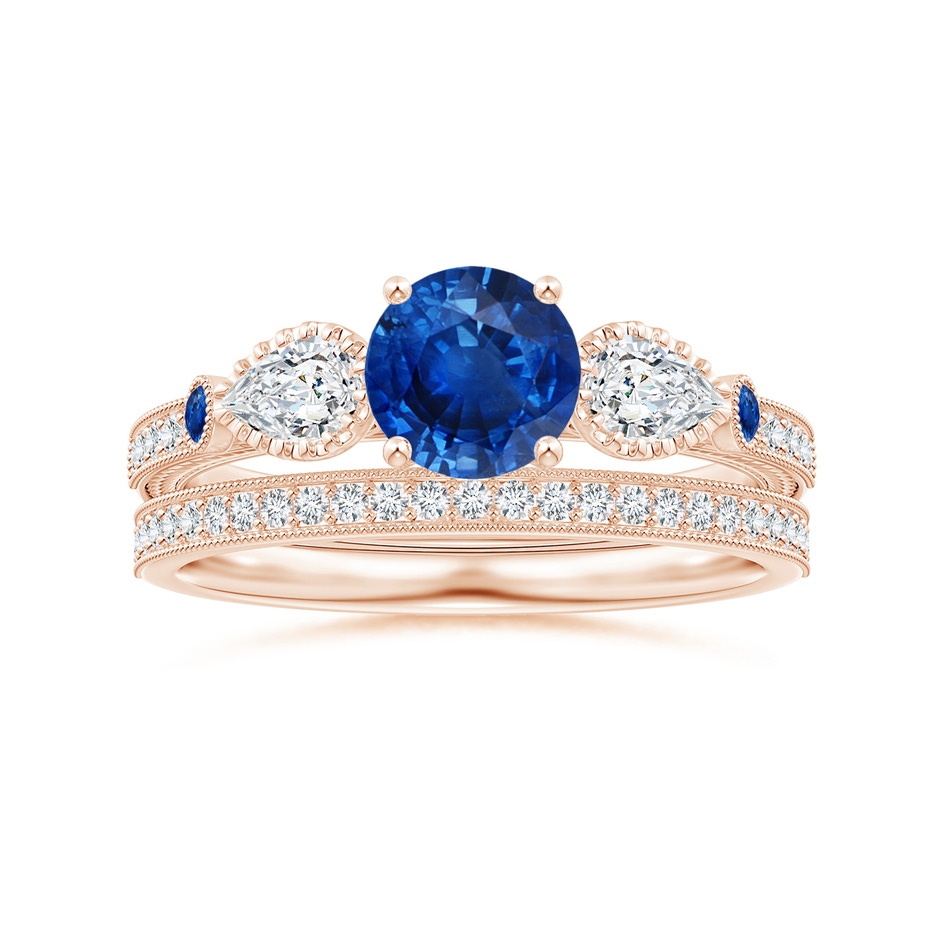 6mm AAA Aeon Vintage Style Sapphire and Diamond Three Stone Engagement Ring with Milgrain in Rose Gold side-3