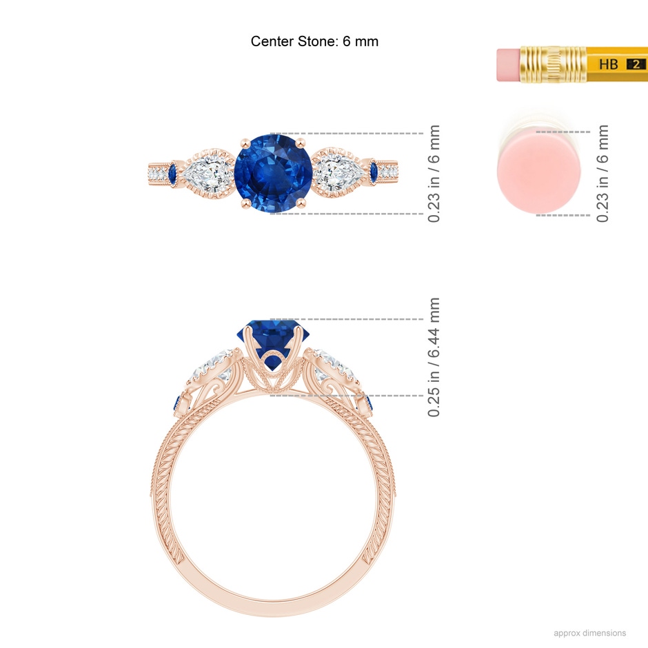 6mm AAA Aeon Vintage Style Sapphire and Diamond Three Stone Engagement Ring with Milgrain in Rose Gold ruler