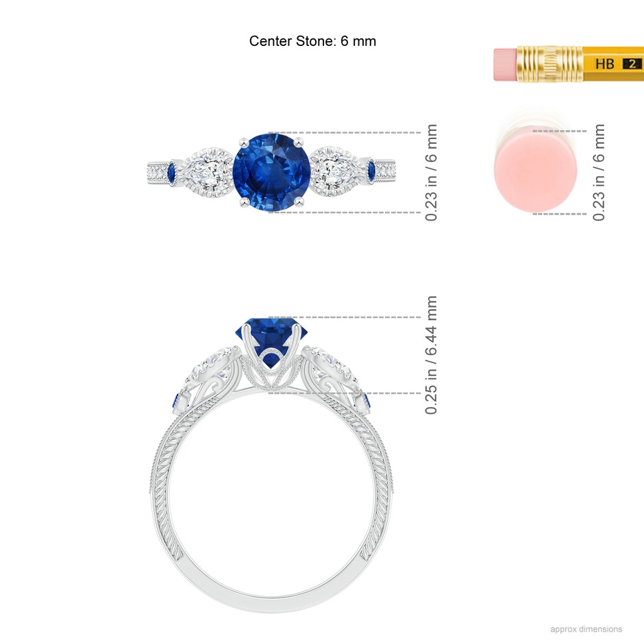 6mm AAA Aeon Vintage Style Sapphire and Diamond Three Stone Engagement Ring with Milgrain in White Gold ruler