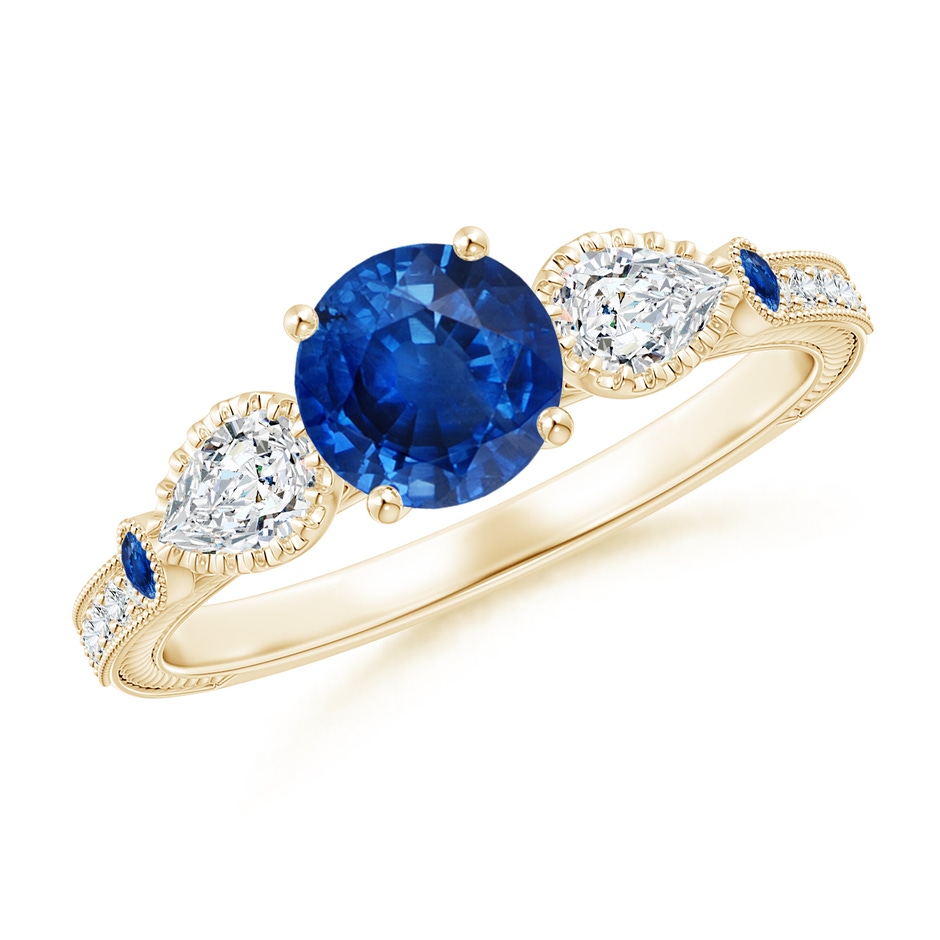 6mm AAA Aeon Vintage Style Sapphire and Diamond Three Stone Engagement Ring with Milgrain in Yellow Gold 