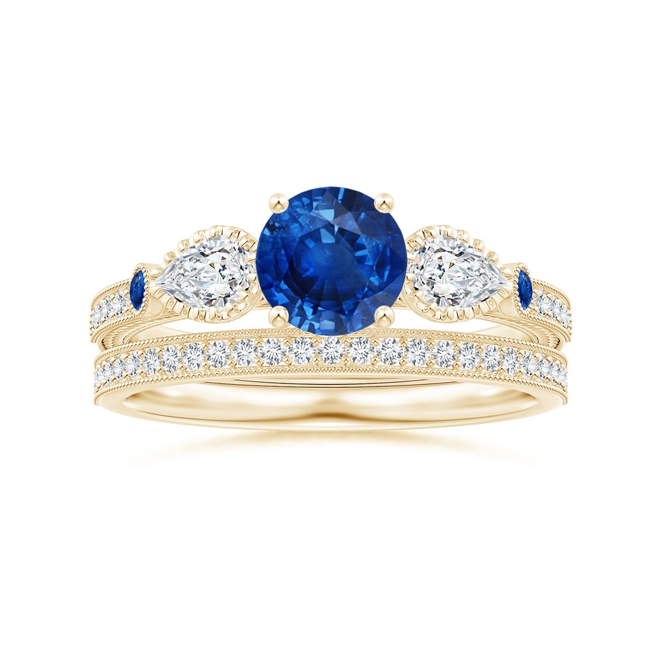 6mm AAA Aeon Vintage Style Sapphire and Diamond Three Stone Engagement Ring with Milgrain in Yellow Gold side-3