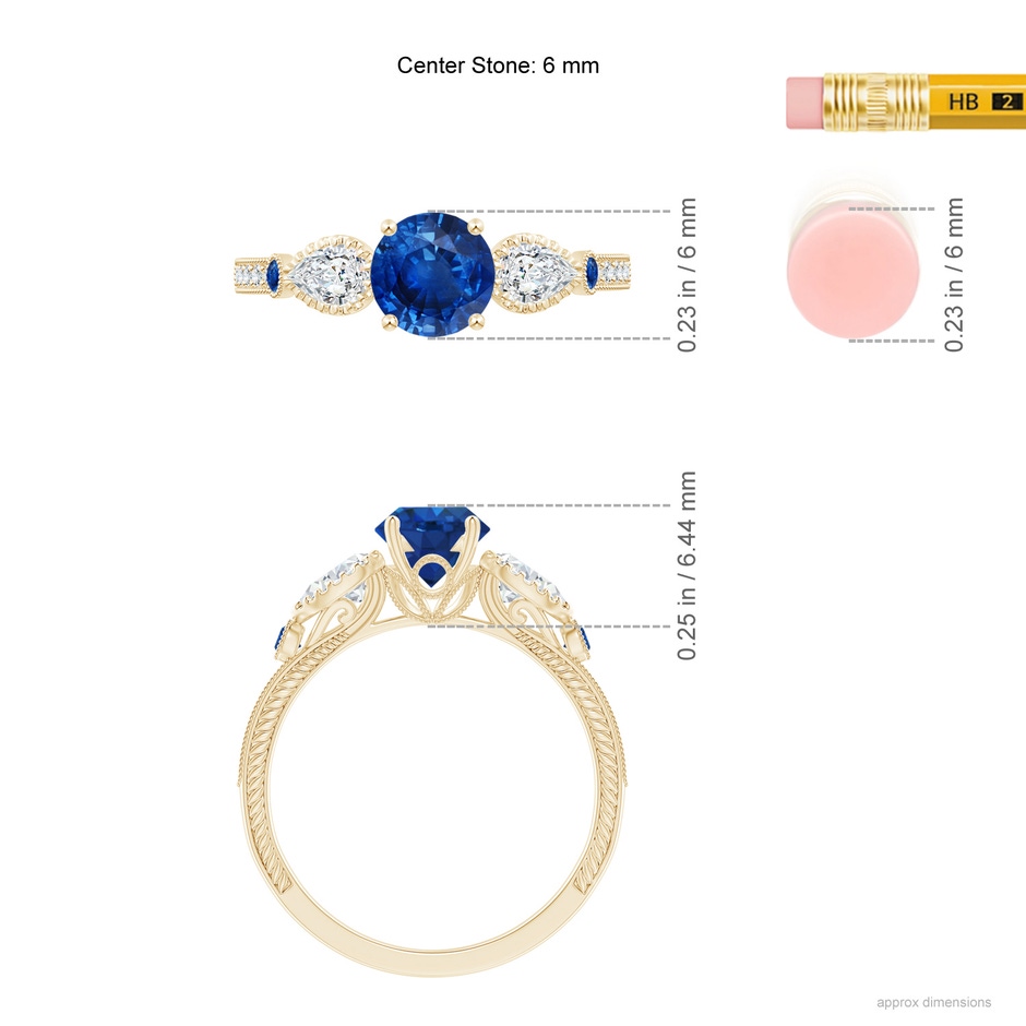 6mm AAA Aeon Vintage Style Sapphire and Diamond Three Stone Engagement Ring with Milgrain in Yellow Gold ruler