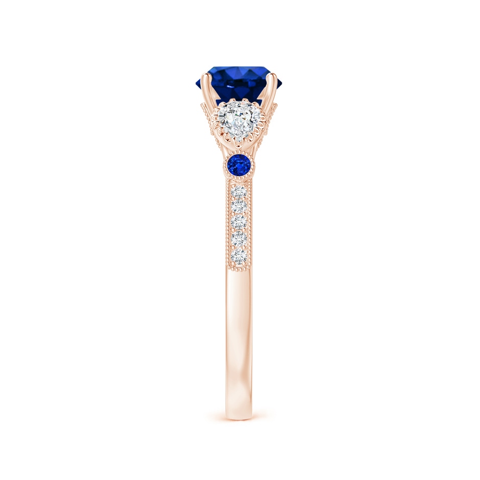 6mm AAAA Aeon Vintage Style Sapphire and Diamond Three Stone Engagement Ring with Milgrain in 9K Rose Gold side-2