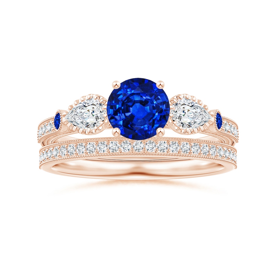 6mm AAAA Aeon Vintage Style Sapphire and Diamond Three Stone Engagement Ring with Milgrain in 9K Rose Gold side-3