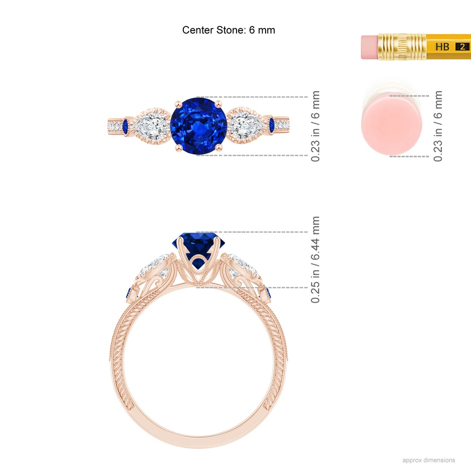 6mm AAAA Aeon Vintage Style Sapphire and Diamond Three Stone Engagement Ring with Milgrain in 9K Rose Gold ruler