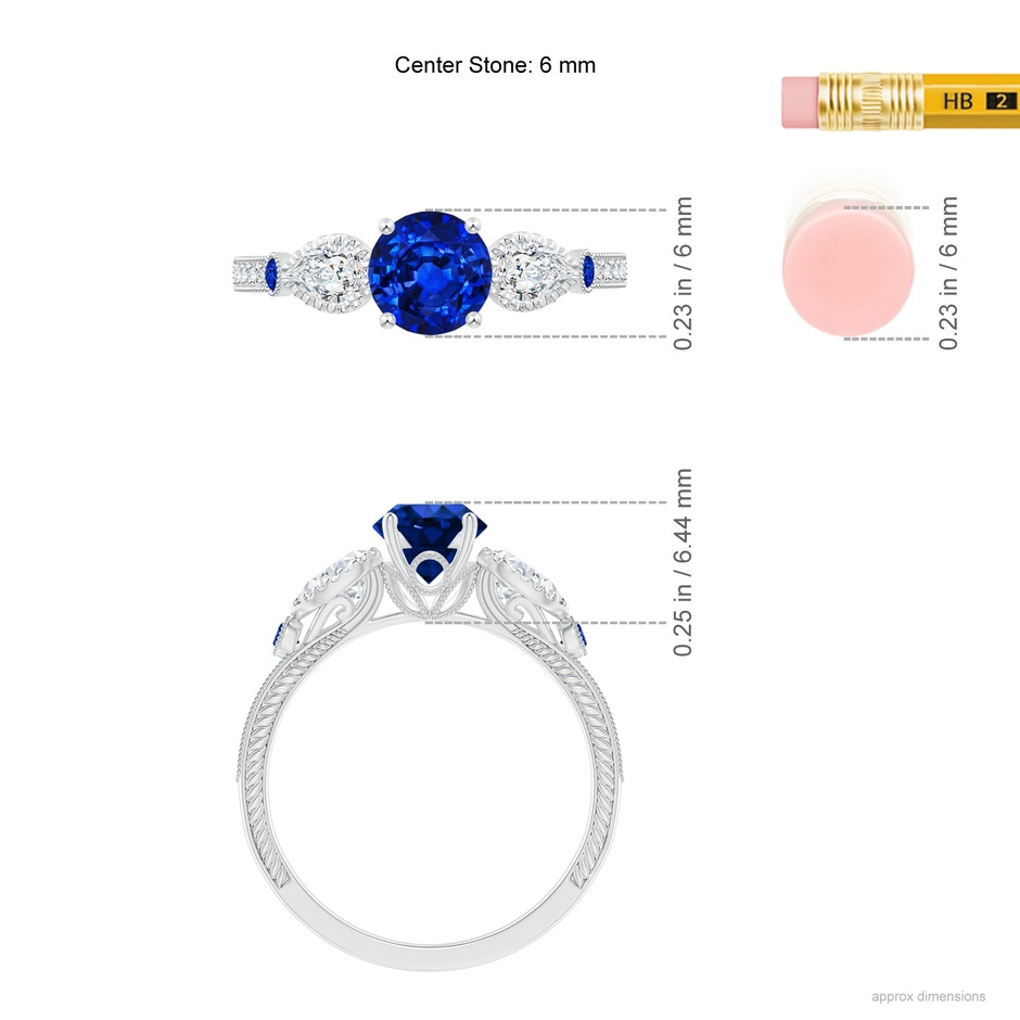 6mm AAAA Aeon Vintage Style Sapphire and Diamond Three Stone Engagement Ring with Milgrain in White Gold ruler