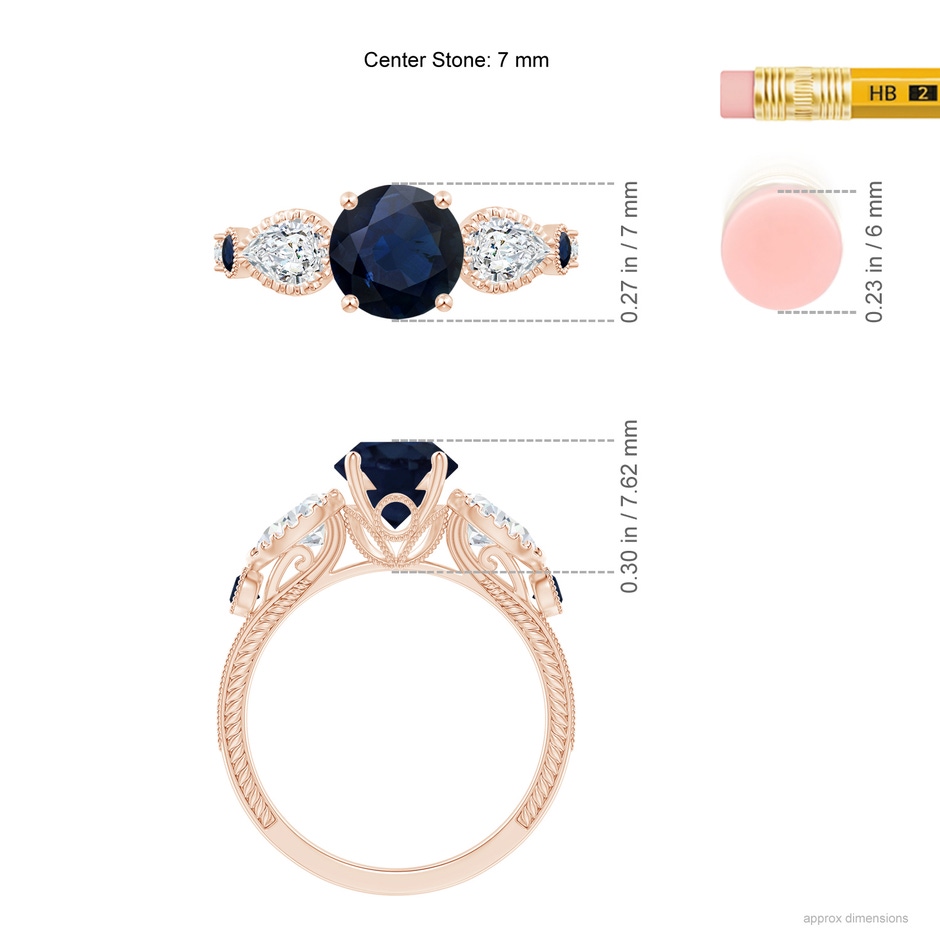 7mm A Aeon Vintage Style Sapphire and Diamond Three Stone Engagement Ring with Milgrain in Rose Gold ruler
