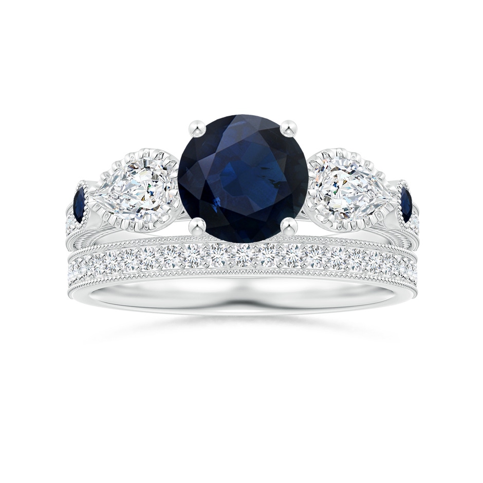 7mm A Aeon Vintage Style Sapphire and Diamond Three Stone Engagement Ring with Milgrain in White Gold side-3