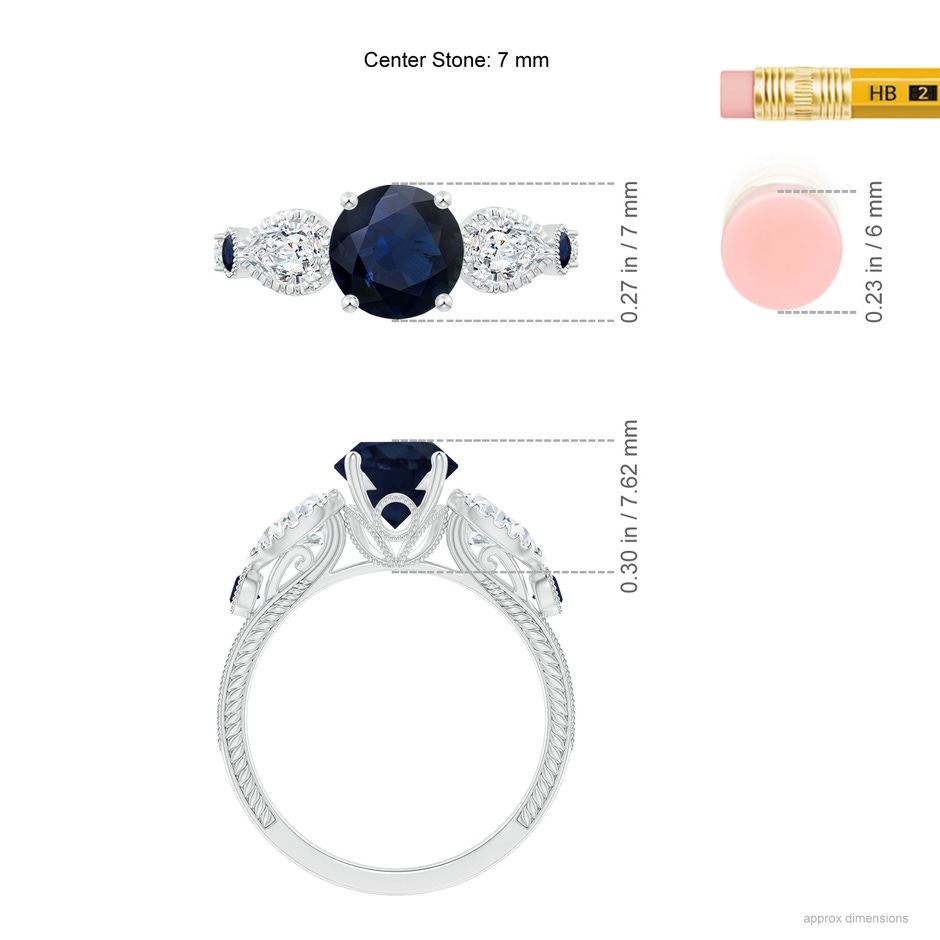 7mm A Aeon Vintage Style Sapphire and Diamond Three Stone Engagement Ring with Milgrain in White Gold ruler