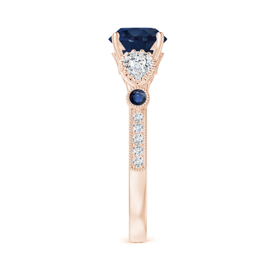 7mm AA Aeon Vintage Style Sapphire and Diamond Three Stone Engagement Ring with Milgrain in Rose Gold side-2