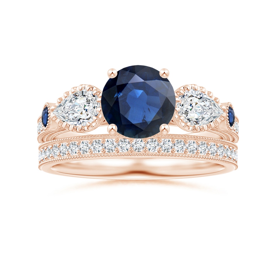 7mm AA Aeon Vintage Style Sapphire and Diamond Three Stone Engagement Ring with Milgrain in Rose Gold side-3