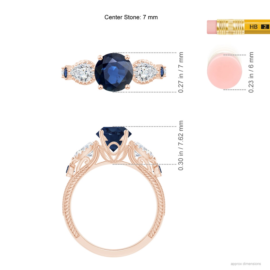 7mm AA Aeon Vintage Style Sapphire and Diamond Three Stone Engagement Ring with Milgrain in Rose Gold ruler