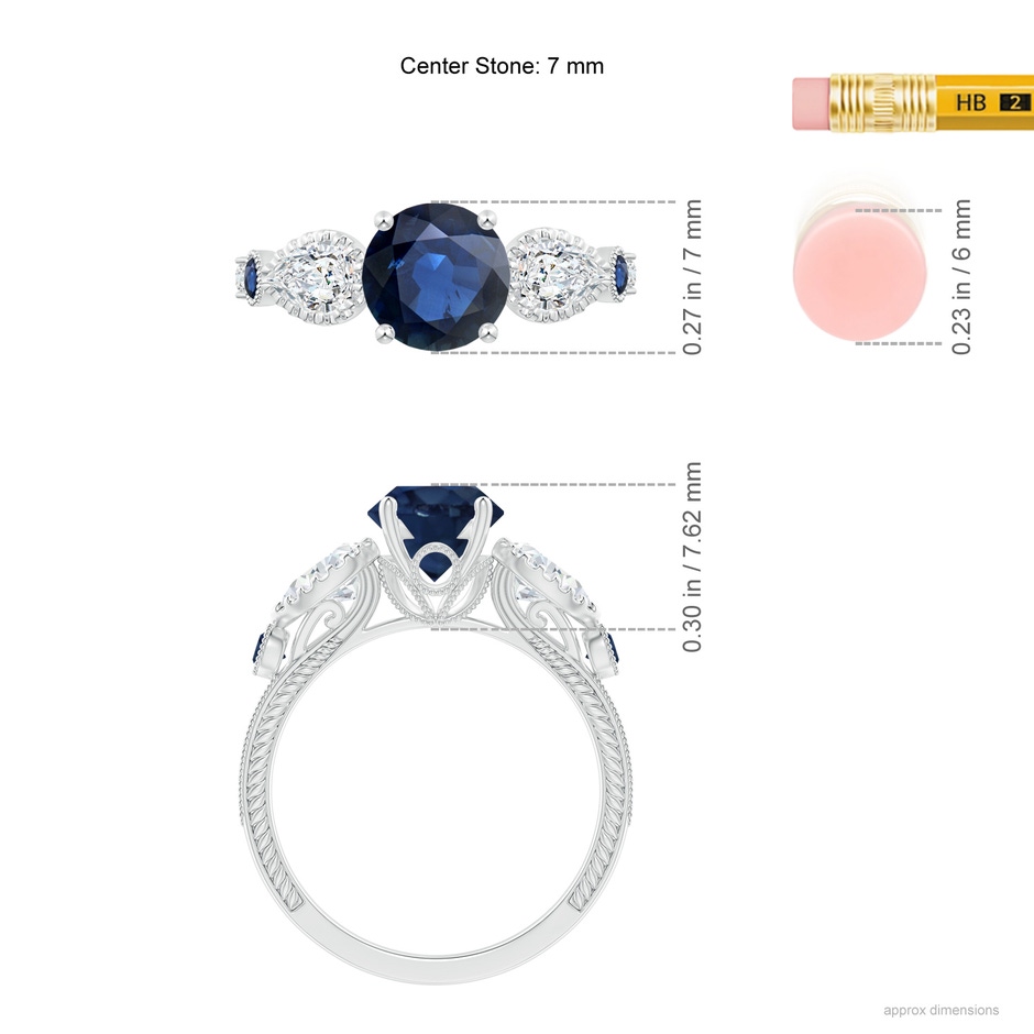 7mm AA Aeon Vintage Style Sapphire and Diamond Three Stone Engagement Ring with Milgrain in White Gold ruler