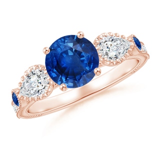 7mm AAA Aeon Vintage Style Sapphire and Diamond Three Stone Engagement Ring with Milgrain in 18K Rose Gold