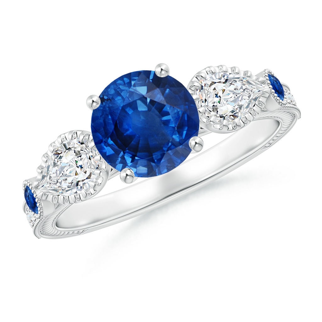 7mm AAA Aeon Vintage Style Sapphire and Diamond Three Stone Engagement Ring with Milgrain in White Gold
