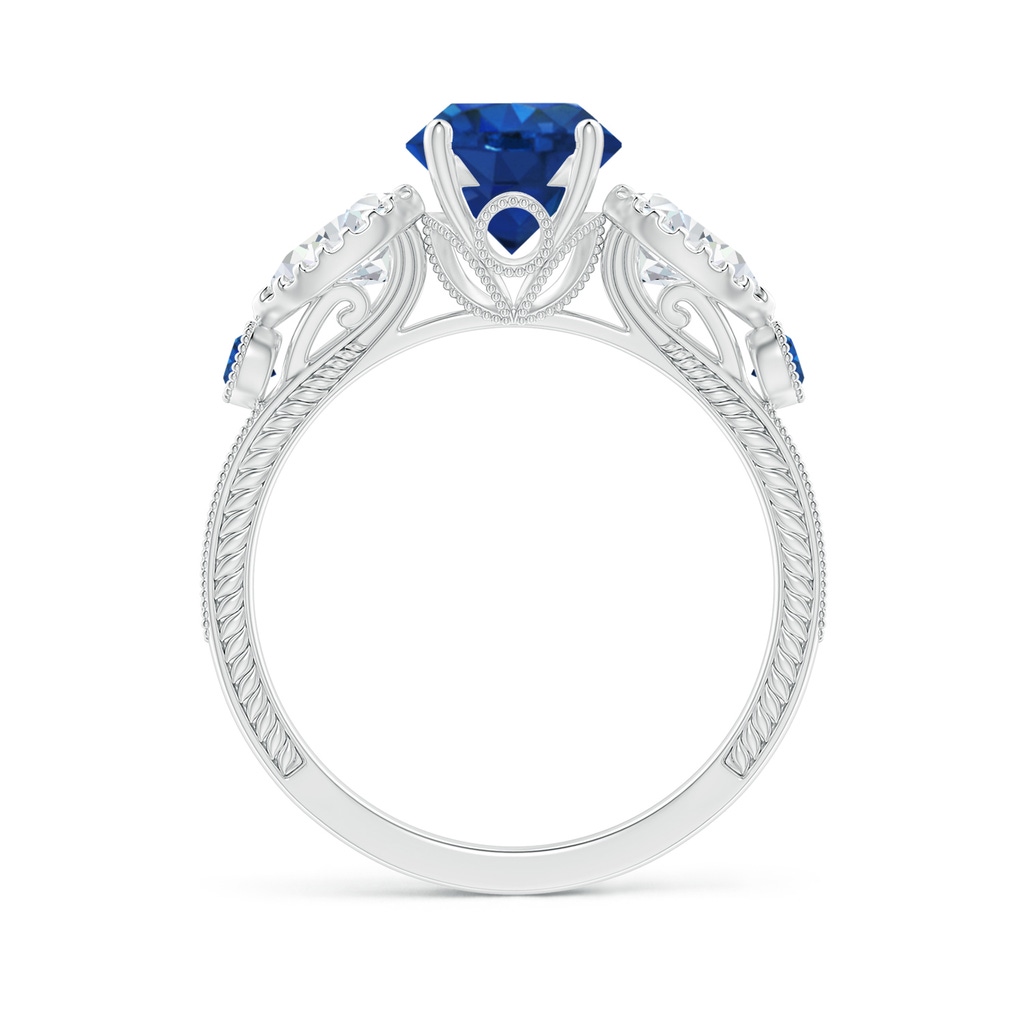 7mm AAA Aeon Vintage Style Sapphire and Diamond Three Stone Engagement Ring with Milgrain in White Gold - side_1