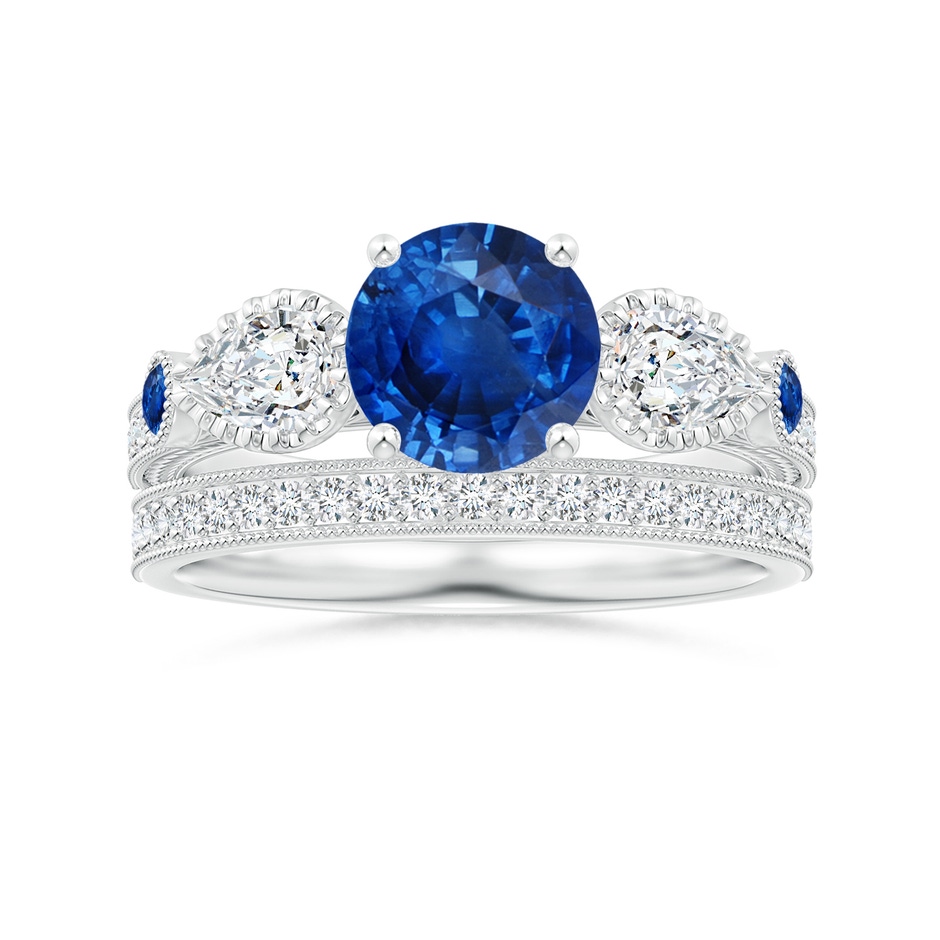 7mm AAA Aeon Vintage Style Sapphire and Diamond Three Stone Engagement Ring with Milgrain in White Gold side-3