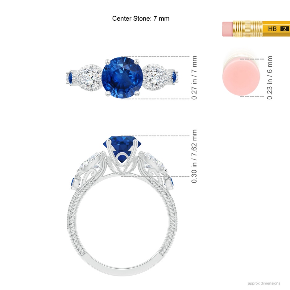 7mm AAA Aeon Vintage Style Sapphire and Diamond Three Stone Engagement Ring with Milgrain in White Gold ruler