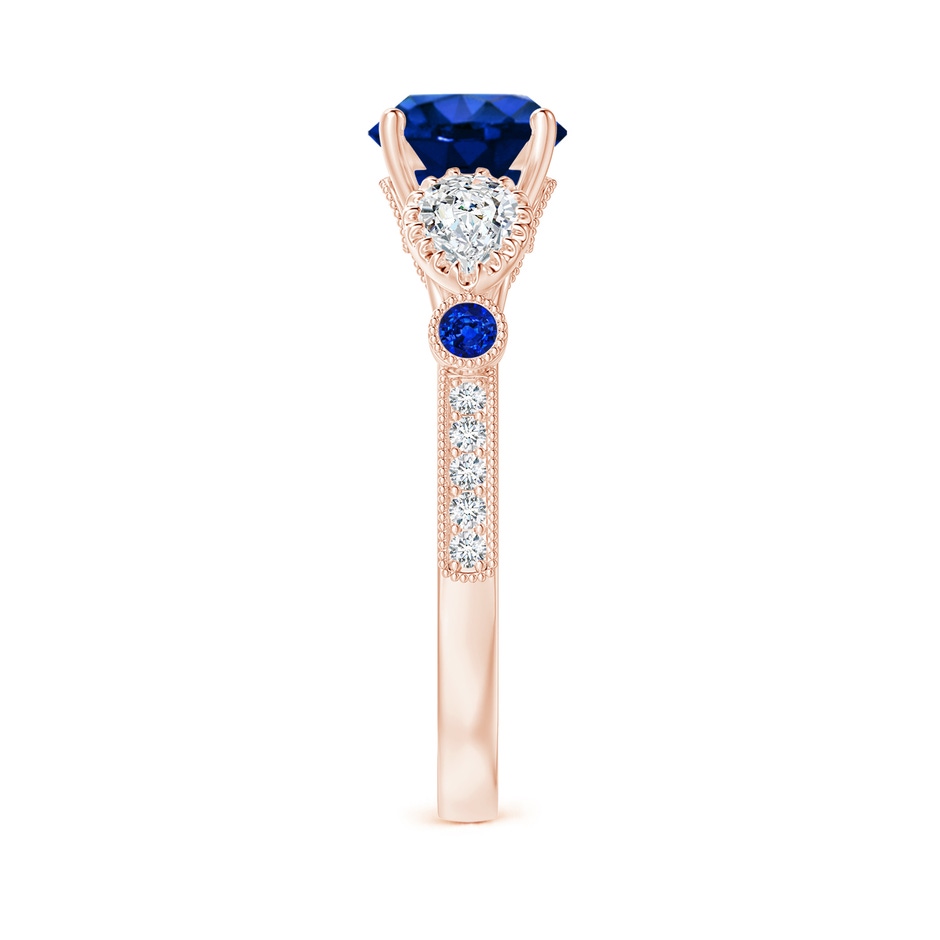 7mm AAAA Aeon Vintage Style Sapphire and Diamond Three Stone Engagement Ring with Milgrain in 18K Rose Gold side-2