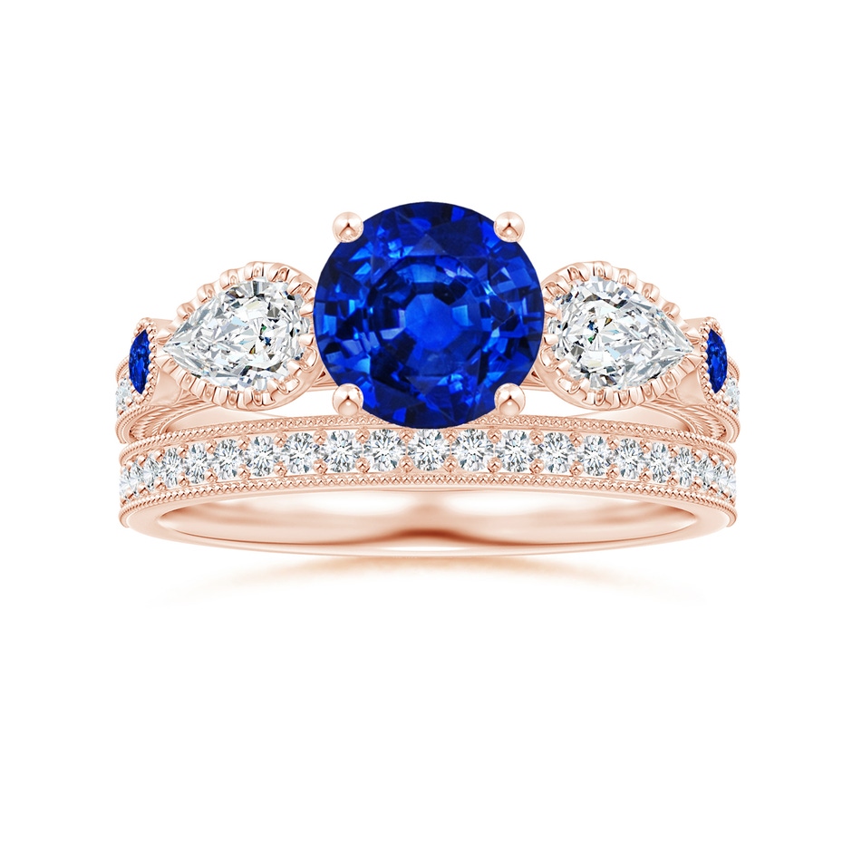 7mm AAAA Aeon Vintage Style Sapphire and Diamond Three Stone Engagement Ring with Milgrain in 18K Rose Gold side-3