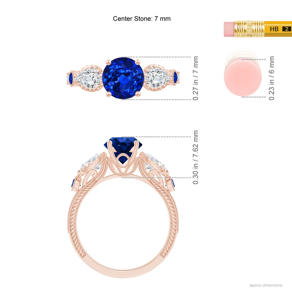 7mm AAAA Aeon Vintage Style Sapphire and Diamond Three Stone Engagement Ring with Milgrain in 18K Rose Gold ruler