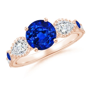 7mm AAAA Aeon Vintage Style Sapphire and Diamond Three Stone Engagement Ring with Milgrain in Rose Gold