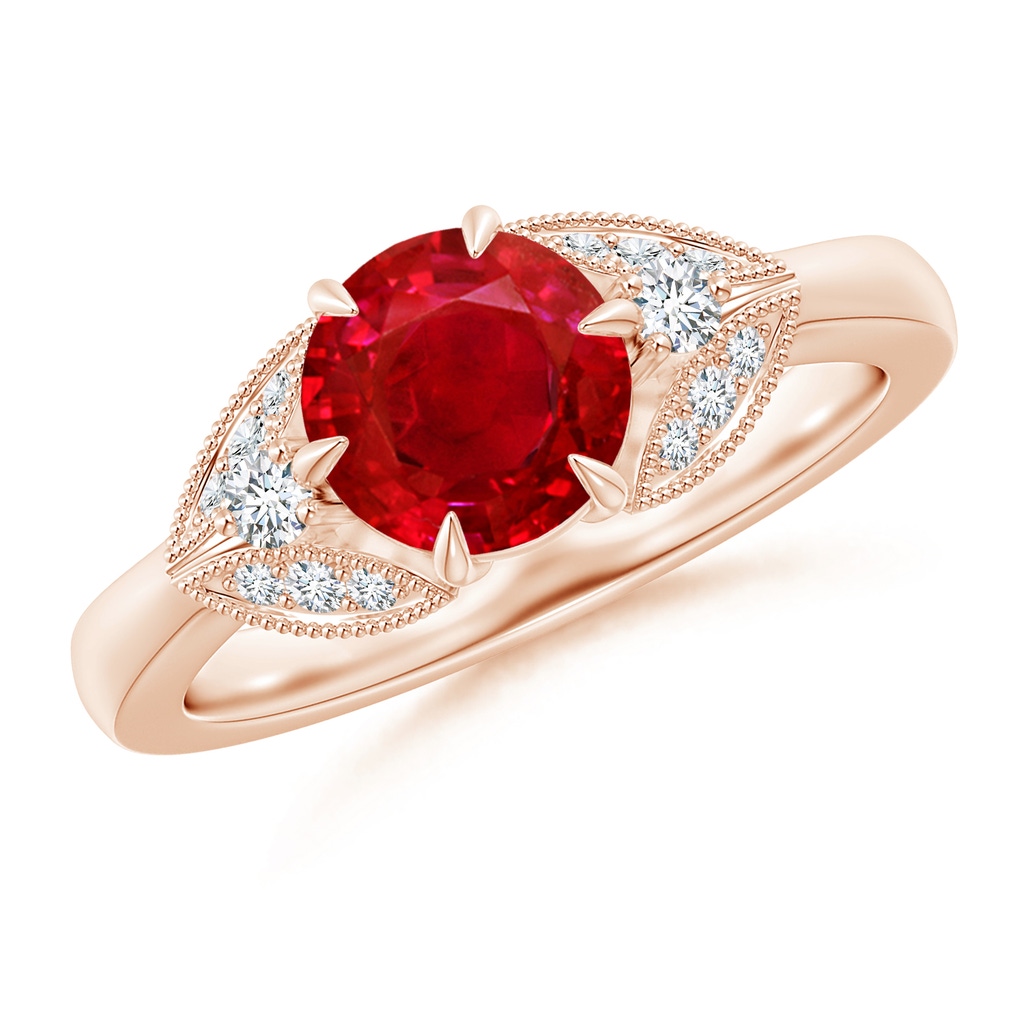 7mm AAA Aeon Vintage Inspired Ruby and Diamond Three Stone Engagement Ring in Rose Gold