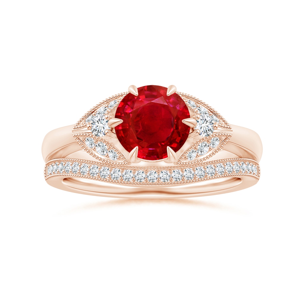 7mm AAA Aeon Vintage Inspired Ruby and Diamond Three Stone Engagement Ring in Rose Gold Side-3