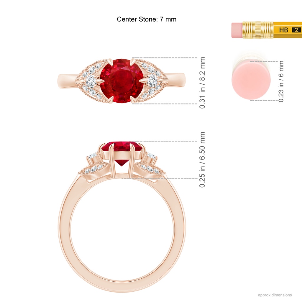 7mm AAA Aeon Vintage Inspired Ruby and Diamond Three Stone Engagement Ring in Rose Gold Ruler