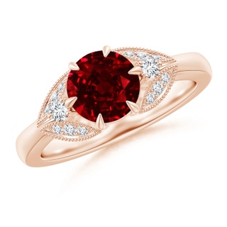 7mm AAAA Aeon Vintage Inspired Ruby and Diamond Three Stone Engagement Ring in Rose Gold