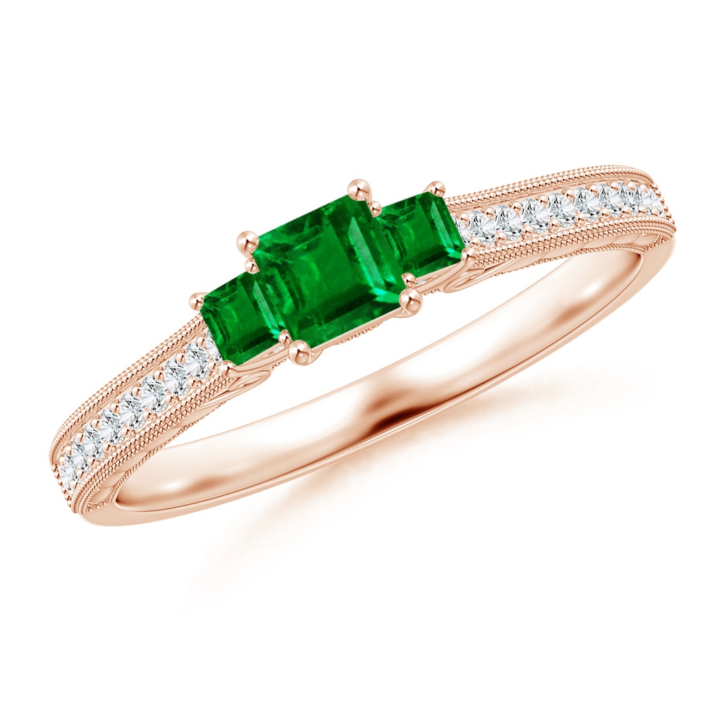 3.5mm AAAA Aeon Vintage Style Square Emerald Three Stone Engagement Ring with Milgrain in Rose Gold